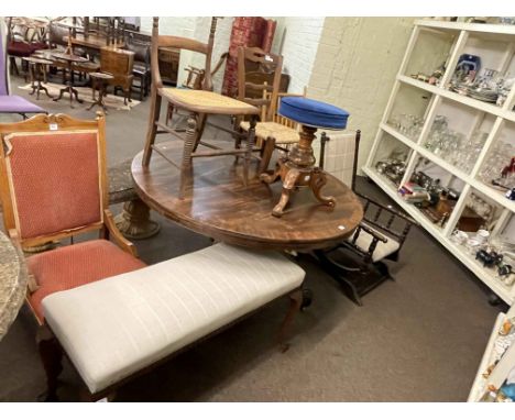 Victorian circular mahogany loo table, Victorian American rocker, spindle back rocker, three various chairs, revolving piano 