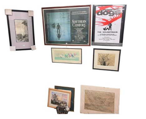 Seven various pictures including posters, watercolour etc and Art Deco mantel clock.
