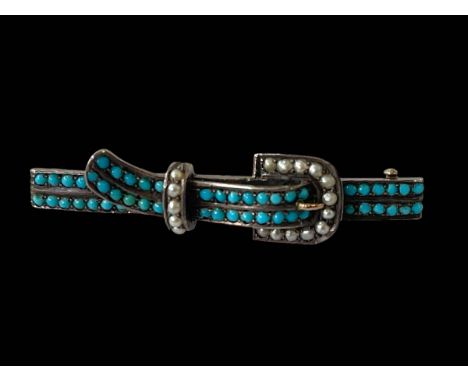 Late Victorian turquoise and seed pearl buckle bar brooch, 5cm.