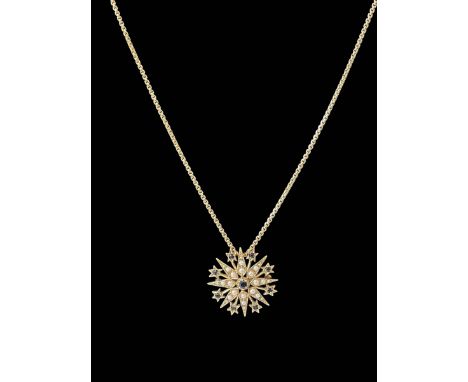 Sapphire and seed pearl 9ct gold star brooch/pendant with chain, 45cm.