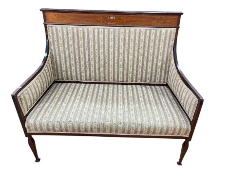 Edwardian inlaid mahogany parlour settee in Regency stripe fabric, 99cm x 110.5cm x 62cm. 