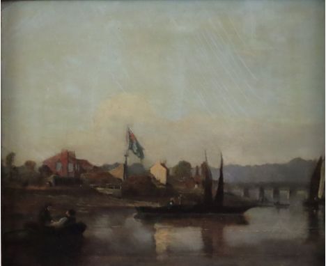 Unbekannte/r Künstler/in (19. / Anfang 20. Jh.) - Flusslandschaft mit Bootfahrer, Öl auf Holz, unsigniert, verso auf dem Aufk