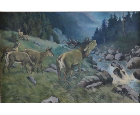 Sovanka, Karol (1883 Uhrovec/Slowakei - 1961 Östringen) - Hirschherde am reißenden Bergbach in der Hohen Tatra, Öl auf Papier