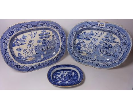 Ashworth Brothers blue and white dish and two blue and white meat plates 