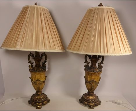 Pair of ornate gilt table lamps with shades H80cm (This item is PAT tested - 5 day warranty from date of sale)  Condition Rep