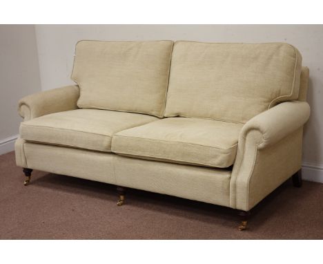 Two seat traditional style sofa upholstered in natural cover on turned supports, W195, D85cm, H84cm Condition Report Click he