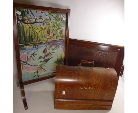 Vintage embroidered fire screen, carved wood tray and a singer sewing machine    Condition Report Click here for further imag