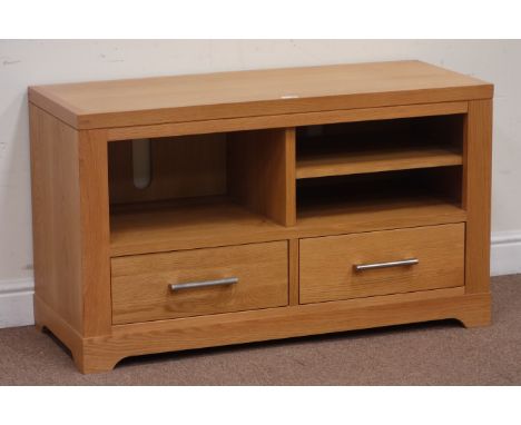 Light oak television stand with shelves & drawers, W108cm, D45cm, H63cm Condition Report Click here for further images, condi