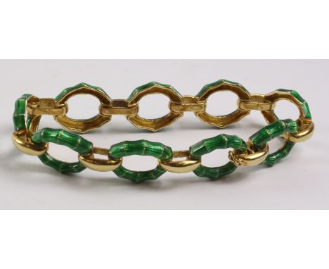 Green enamel bamboo effect link 18ct gold bracelet by S &amp; S London import marks 1969 approx 40gm Condition Report Click h