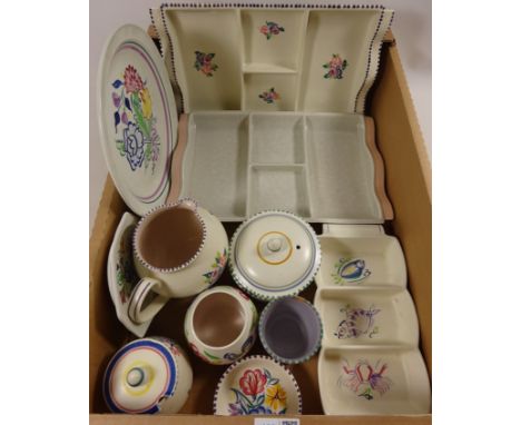 Two Poole hors d'oeuvre dishes, preserve pots, jug and other Poole pottery in one box    Condition Report Click here for furt