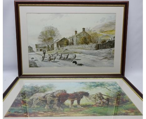 Hearding Sheep, colour print after Alan Engham and Farmer with Shire Horses, colour print after Rosemary Sarah Whalen 40cm x 