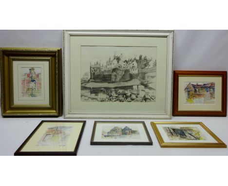 'Staithes', limited edition print 185/500 signed, titled and numbered in pencil, Studies of Houses, five watercolour and penc