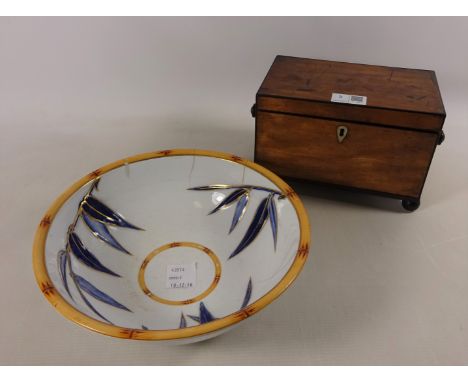 Early 19th Century satinwood tea caddy with ebonised bandings, hallmarked silver sugar tongs and teaspoon and a 19th Century 