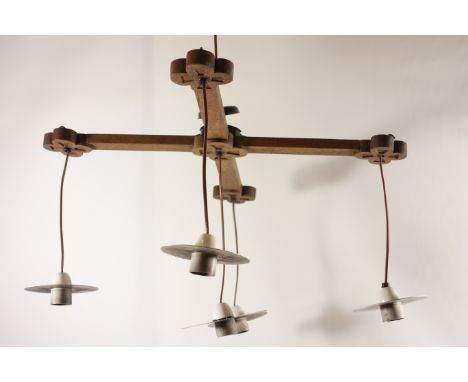 Oak gothic centre light chandelier with wrought metal chain, W65cm Condition Report Click here for further images, condition,