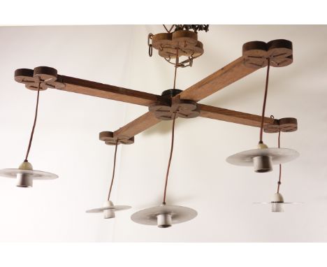 Oak gothic centre light chandelier with wrought metal chain Condition Report Click here for further images, condition, auctio
