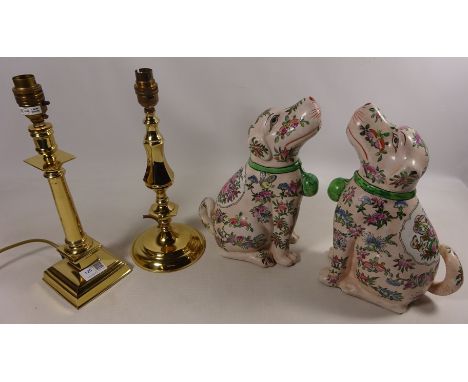 Pair ceramic dogs and two modern brass table lamps  (This item is PAT tested - 5 day warranty from date of sale)  Condition R