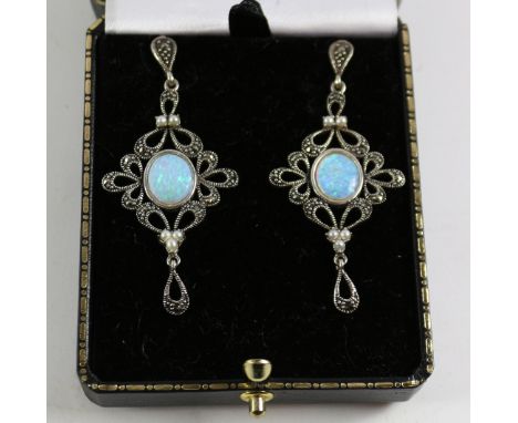 Pair of opal, pearl and marcasite pendant ear-rings stamped 925 Condition Report Click here for further images, condition, au