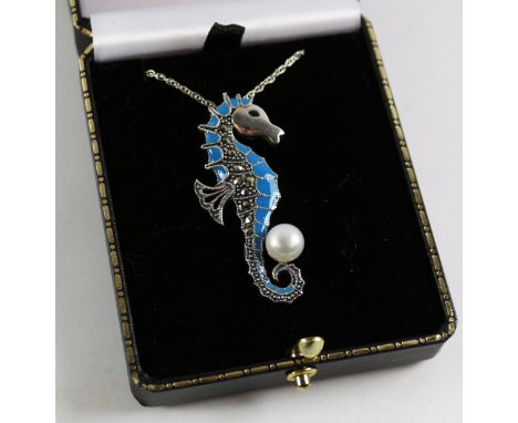 Enamel, pearl and marcasite seahorse pendant necklace stamped 925 Condition Report Click here for further images, condition, 