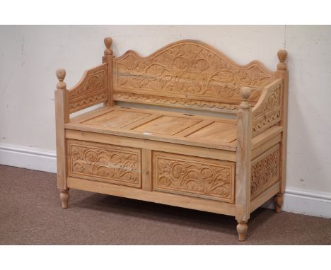 Carved mahogany bench with blanket box seat, turned finials, W100cm, D48cm, H83cm Condition Report Click here for further ima