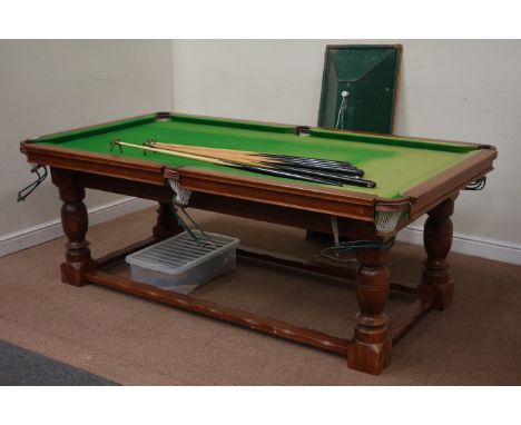 Oak finish half size slate bed snooker table with balls, cues, rest, scoreboard and light, W230cm, D124cm, H80cm Condition Re