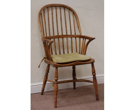 Elm seat and ash double hoop and stick back Windsor armchair, crinoline stretcher Condition Report Click here for further ima