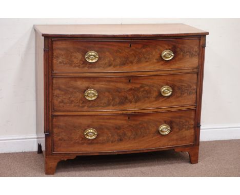 Early 19th century figured mahogany bow front three drawer chest, on bracket feet,W107, D54cm, H90cm Condition Report Click h