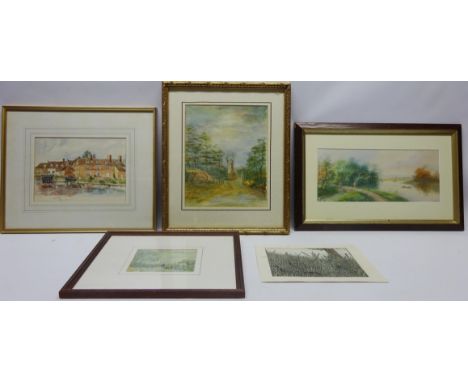 Rural landscapes, collection of watercolours, oil on board and prints including Windmill Scene, watercolour signed & dated J 