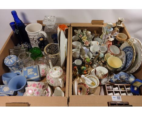 Victorian cabinet cups, Hummel figures, Wedgwood Jasperware, glassware and other decorative items in two boxes  Condition Rep