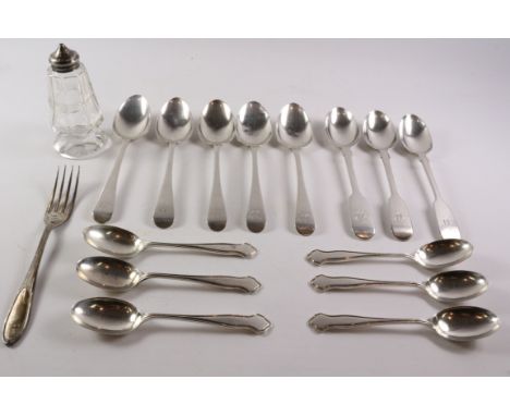 Set of six silver coffee spoons Sheffield 1927; eight Georgian teaspoons, silver fork 7oz and glass pepper pot with silver to