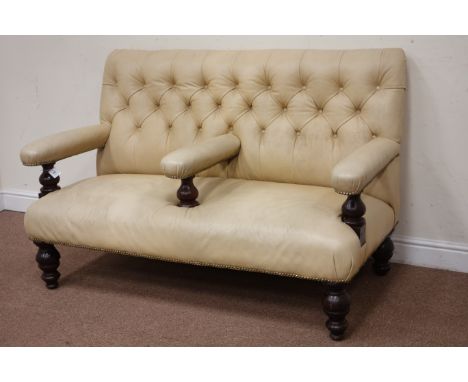 Victorian mahogany framed club sofa, centre arm, upholstered in leather type fabric, W140cm Condition Report Click here for f