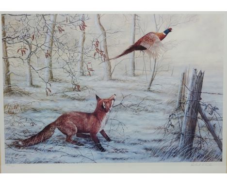 Fox Hunting a Pheasant, limited edition colour print after Robert E Fuller signed and numbered in pencil 754/800, 43cm x 60cm
