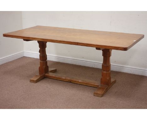 Robert Mouseman Thompson dining table, rectangular top on baluster supports, carved with signature mouse, W182cm, D86cm, H73c