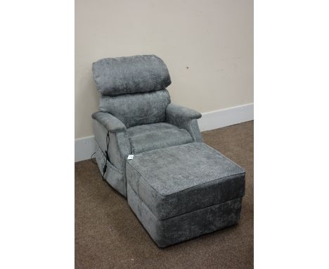 Electric reclining armchair and footstool upholstered in grey cord (2) (This item is PAT tested - 5 day warranty from date of