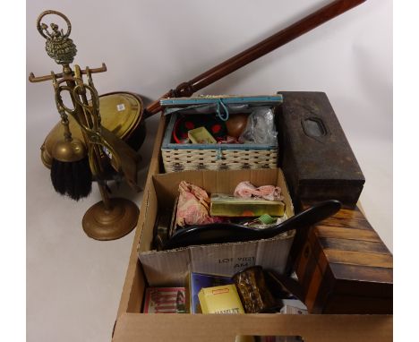 19th Century tea caddy, collection of playing cards, 19th Century warming pan, companion set and miscellanea in one box  Cond