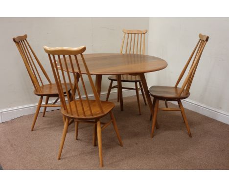 Ercol light elm drop leaf table (125cm x 113cm, H72cm), and set four high stick back chairs Condition Report Click here for f