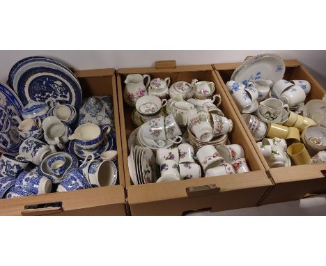 Blue and white ceramics, Wedgwood teaware, large ceramic wash basin, other tea sets and decorative ceramics in three boxes  C