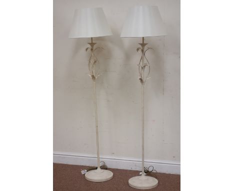 Pair of cream finish metal standard lamps with shades, H157cm, (2) (This item is PAT tested - 5 day warranty from date of sal