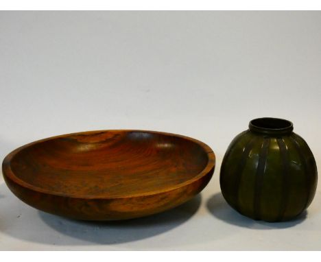 A large wooden serving bowl along with a West German ceramic striped gourd vase with panels of green glaze and numbered to ba