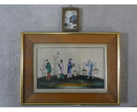 A 20th century framed and glazed rice paper watercolour, rice pickers, together with a 19th century rice paper watercolour, m