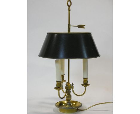 A vintage brass three branch desk lamp with Toleware style shade. H.66cm 