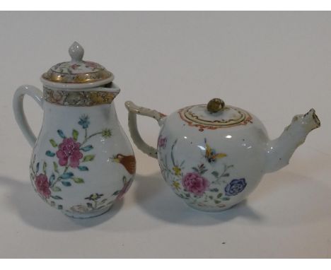 A Qianlong Chinese export ware porcelain Famille Rose design tea pot with floral and butterfly design and a 18th century hand