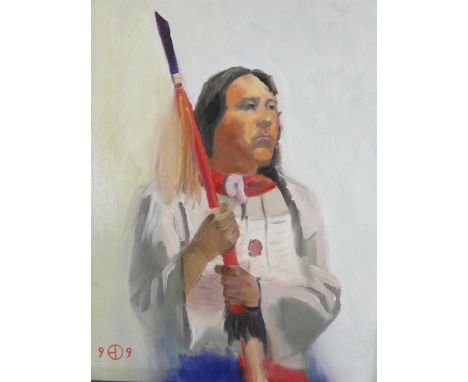 A framed oil on board, native American portrait study, monogrammed lower left. H.68xW.58cm 
