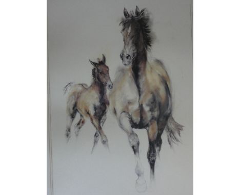 A framed and glazed artist's proof print by artist Lydia Kiernan, a mare and her foal, signed and dated by the artist. H.90xW