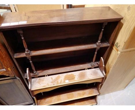 Walnut open four shelf bookcase, 72 x 106cm, and a wall hanging display rack. Not available for in-house P&amp;P