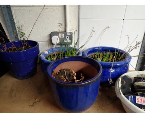 Four mixed blue ceramic planters. Not available for in-house P&amp;P 