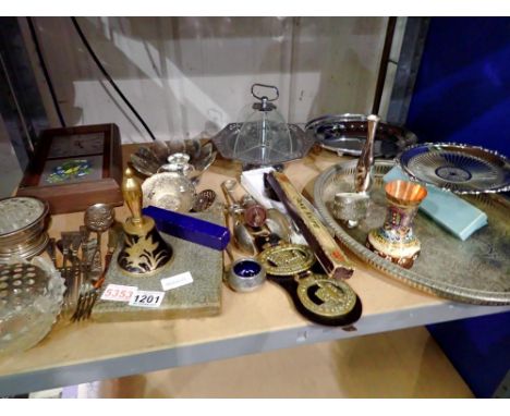 Shelf of mixed metalware. Not available for in-house P&amp;P 