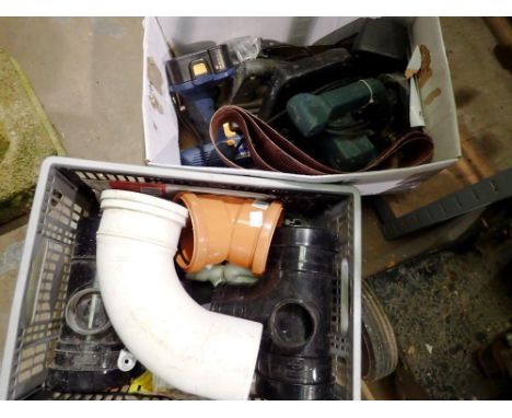 Three boxes of power tools and piping. Not available for in-house P&amp;P 