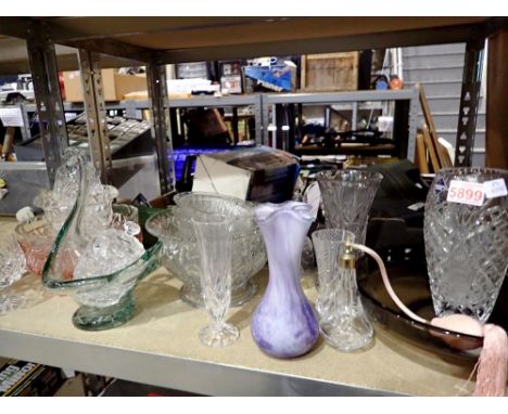Shelf of mixed glassware, vases, fruit bowls, drinking glasses. Not available for in-house P&amp;P