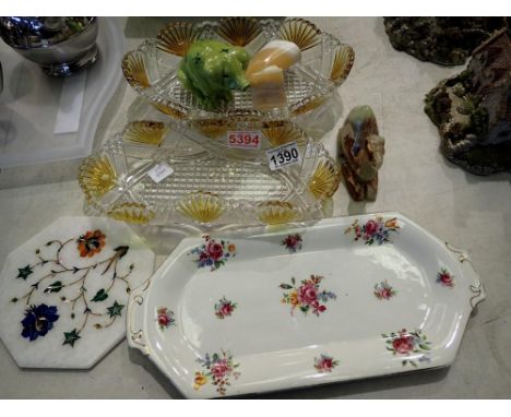 Mixed items to include a Soho pottery sandwich tray, two mid century glass bowls, Egyptian theme onyx figurines and a novelty