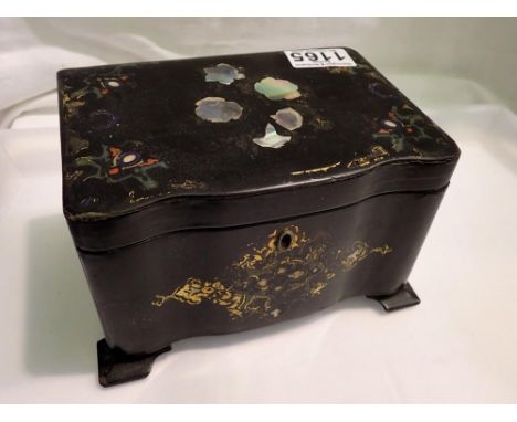 Black lacquered tea caddy with mother of pearl inlay. UK P&amp;P Group 1 (£16+VAT for the first lot and £2+VAT for subsequent